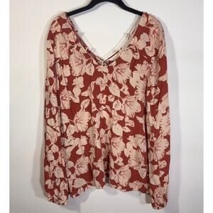 Billabong Floral Boho Blouse Large NWT Rust Cream Long Sleeve Top